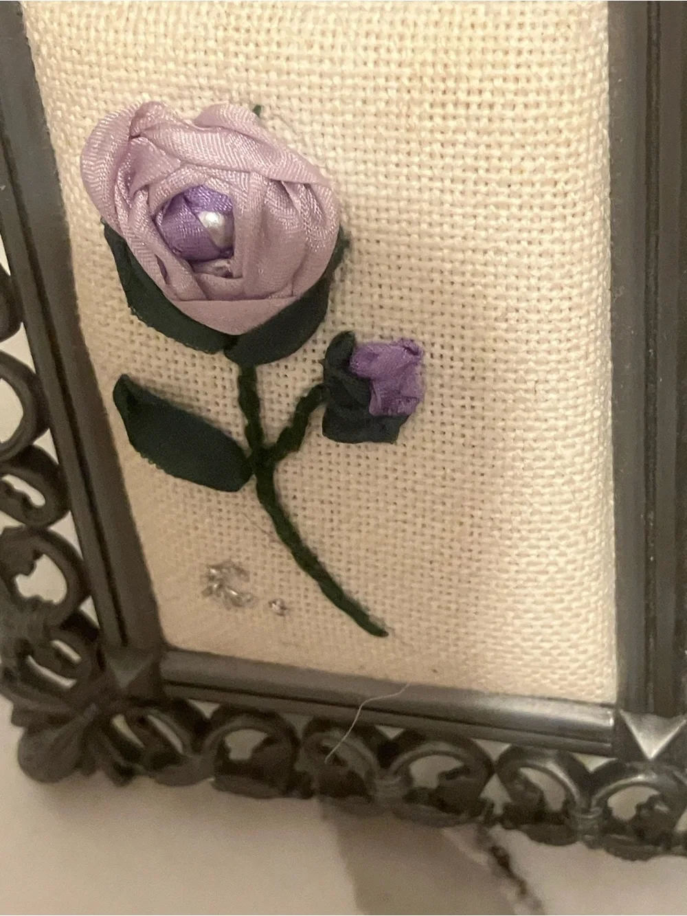 Handcrafted Needlepoint Victorian Lavender Rose Pewter Frame Accent 3 1/2 -4 1/2